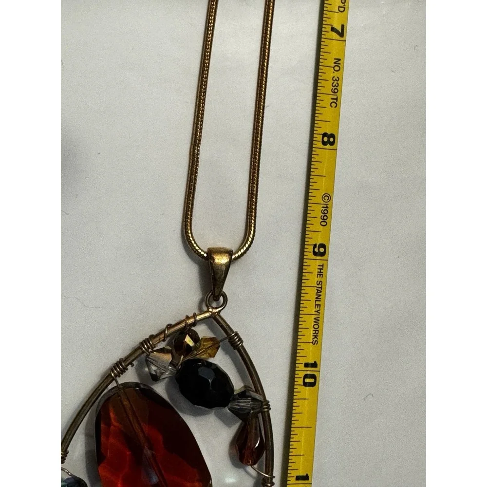 Gold‎ Tone Snake Chain Necklace Amber Multi Bead Wire Wrapped Oval Pendant